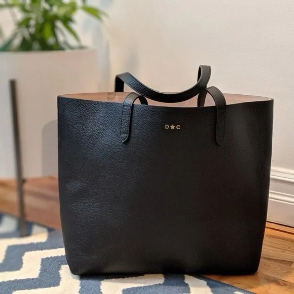 Cuyana Classic Structured Black Italian Pebbled Leather SFM Monogrammed Tote